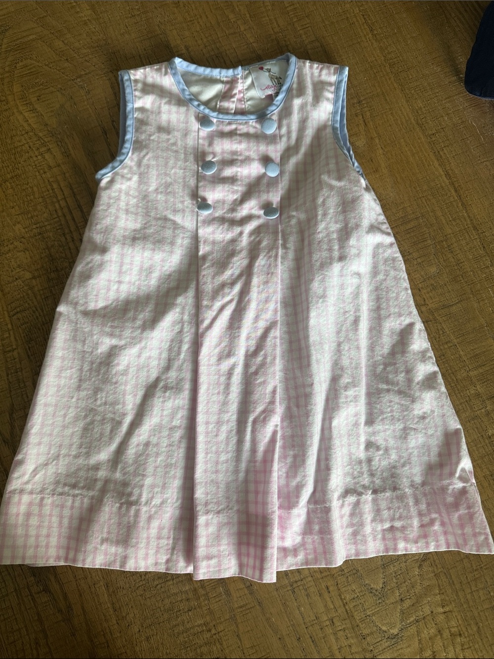 Sleeveless Pink Gingham Nightgown with Light Blue Trim by